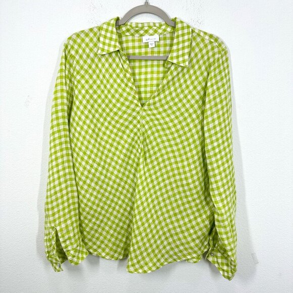 J. Jill Love Linen Lime Green Gingham Plaid V Neck Popover Collared Blouse Beach - Picture 1 of 9